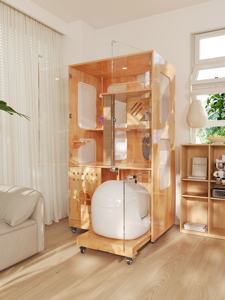 Lüks kauçuk ahşap pano temperli cam evrensel tekerlek Pet ev ekran kabine hareketli kedi evi Villa yetiştiriciliği odası kafes - Product Image 2