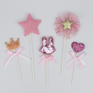 Pink Cake Toppers Set 5 Pieces Heart Bunny Crown Star Birthday Party Decorations - Product Image 5