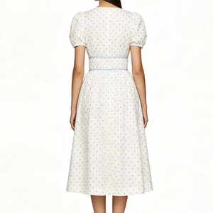 <span class=keywords><strong>Robe</strong></span> midi pour femme, blanche et bleue à pois, manches bouffantes, col carré, taille nouée, style vintage français, longueur thé - Product Image 3
