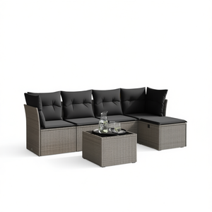 Conjunto de Sofás Modulares de Ratán Gris para Jardín, Colección de Muebles de Exterior con Cojines, Diseño Contemporáneo - Product Image 1