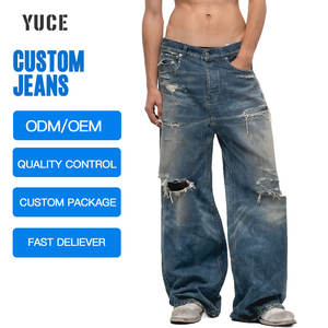 Jean en denim selvedge déchiré bleu délavé effet usé pour homme, coupe streetwear avec logo personnalisé et coupe courbée - Product Image 2