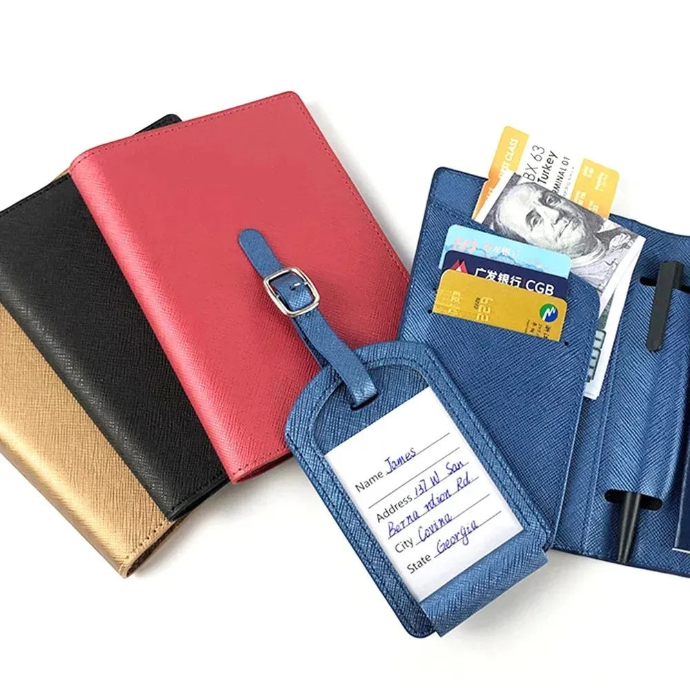 家族男性女性旅行財布Puレザーパスポートケースカードホルダーバッグと荷物タグセットカスタムロゴサフィアーノパスポートカバー