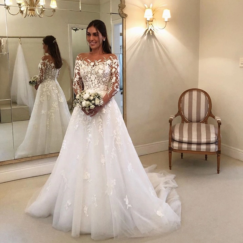 Illusion Necklace A Line Sheer Wedding Dresses Custom Made