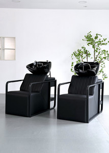 Bac à shampoing en céramique pour salon de coiffure, design contemporain, avec chaise en cuir PU et structure métallique - Product Image 4