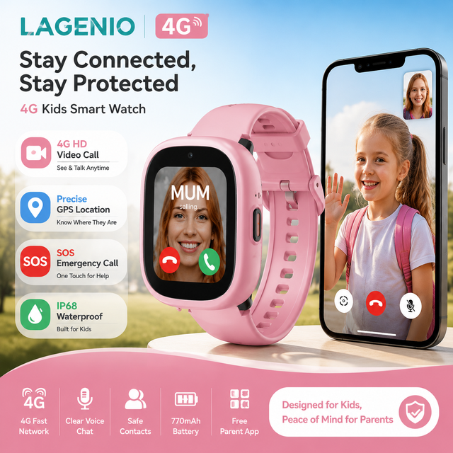 LAGENIO 4G Sim Card Smart Watch 1.7Inch Screen Video Call SOS 64+128MB Memory GPS+WIFI+LBS Positioning CE FCC Kids Smart Watch