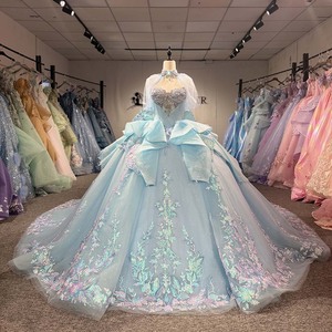 8554 Baby Blue Candy Color Layered <b>Tulle</b> Party Gown Appliques Beaded Sweetheart Jeweled Bodice Oversized Bow <b>Skirt</b> for Awards - Product Image 1
