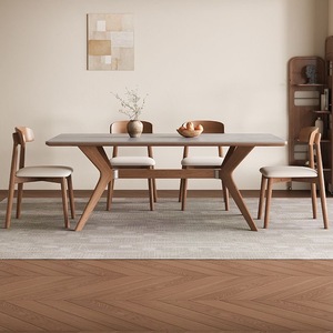 Ensemble de table et chaises de salle à manger rectangulaire en marbre et bois massif, style minimaliste et moderne, 4 à 6 places, design vintage complet. - Product Image 6
