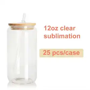 USA Warehouse Stocked 12oz 16oz Clear Frosted Sublimation Blanks Glass Mason Jar Beer Can Glass Cup With Bamboo Lid And Straw