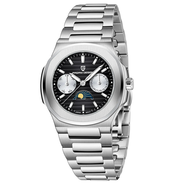 New Design Men's Multi-Functional Quartz Watch Stainless Steel Band Luminous Week Calendar Watch for Men