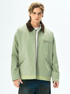 Veste à fermeture éclair à col contrasté en couleur vert olive et brun foncé vintage avec poche - Product Image 2