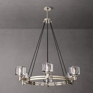 Lustre rond en nickel poli avec abat-jour en verre de 36 pouces, style moderne et transitoire, idéal pour salon, villa, salle à manger, plafond haut - Product Image 4