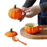 Mug en céramique mignon en forme de citrouille avec couvercle, compatible lave-vaisselle, style frais et naturel pour le lait et le café