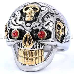 Mens Gold Plated Stainless Steel Fashion Trendy Popular Jewelry Stainless Steel Garnet Eye Punk Men Jewelry Skull Finger Ring