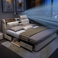 Cama King Size Inteligente Multifuncional de Diseño Moderno y Lujoso, con Estructura de Madera, Almacenamiento, Tapicería de Cuero, Masaje, Reclinable, Suave, Doble