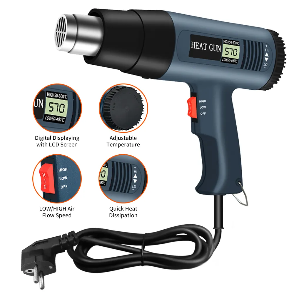 Poder 2000W Aquecimento Rápido Temperatura Variável Ajustável Dois Air Flow Speed Heat Gun Hot Air Gun com LCD Digital Exibindo