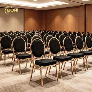 <span class=keywords><strong>Chaise</strong></span> <span class=keywords><strong>de</strong></span> banquet en métal doré à dossier rond empilable, chaises <span class=keywords><strong>de</strong></span> <span class=keywords><strong>mariage</strong></span> et d'hôtel avec revêtement noir à pois - Product Image 1
