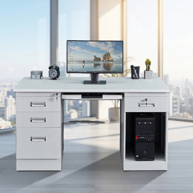 Modern Style Metal White Office Desk with Drawers 140cm Large Desktop Workstation Computer Desk with Lock