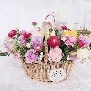 <b>Flower</b> <b>basket</b>, rattan hand-held <b>basket</b>, oval willow woven embroidered <b>flower</b> arrangement storage <b>basket</b>, lace-woven fresh - Product Image 1