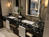Plan de travail de salle de bain en marbre veiné noir et blanc, sur mesure, préfabriqué, de 60 à 72 pouces, avec double vasque et crédence