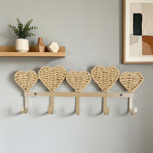 Ganchos de pared de cuerda de papel tejida a mano, forma de corazón, 5 ganchos, estilo rústico, decoración del hogar, gancho para colgar ropa, para montaje en pared - Product Image 3