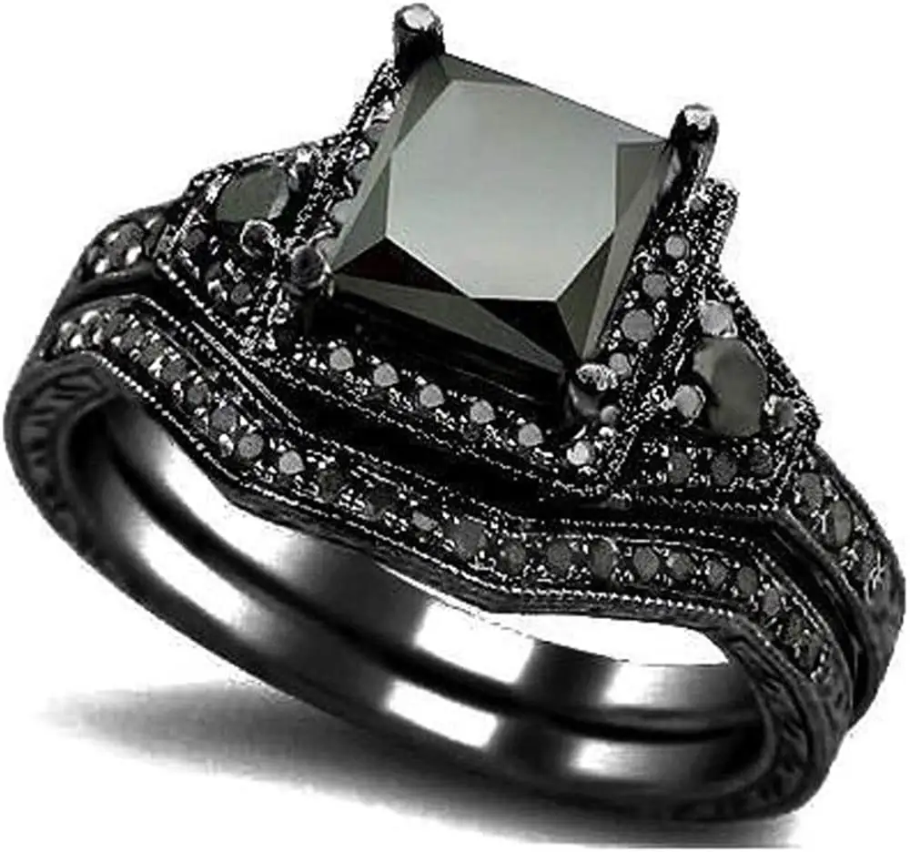 Bague Moissanite de mariage carrée en forme d'onyx noir plaqué rhodium pour mariage, fiançailles, mariage, éternité