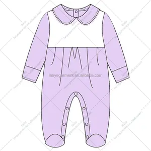 Hot Sale Custom Embroidery Newborn Baby Solid Color 95% Cotton Collared Jumpsuit Little Girls Snap Button Footie Rompers
