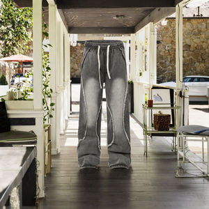 Pantalones de Hombre Estilo Retro Americano Vintage, Diseño Recto, Lavado, Desgastado, con Parches y Cordón Ajustable, del Mismo Género - Product Image 3