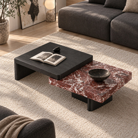 Ineinanderstellbares Couchtisch-Set mit burgunderroter Marmorplatte und schwarzem Holzblock – Langlebig & leicht zu reinigen – Moderne Wohnzimmermöbel