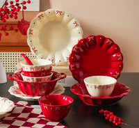 Vente directe d'usine Ins ensemble de vaisselle en céramique à nœud coréen assiette à gâteau à dessert rouge créative assiettes de mariage simples