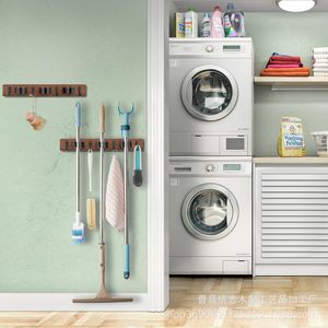 Wooden Wall Mounted <b>Mop</b> And Broom Rack With Hooks For <b>Cleaning</b> Supplies Storage Punch Free Installation - Product Image 1