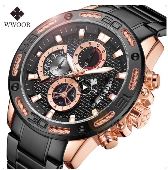 WWOOR 8879 Quartz Watches Waterproof Sport New Mens Watch Top Brand Stainless Steel Chronograph Reloj Luxury Gold Wristwatches
