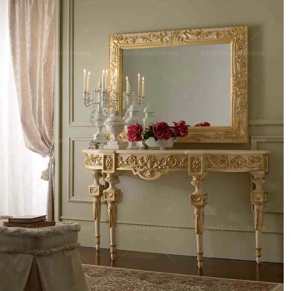 Hot Menjual Classic French Furniture Gaya Eropa Emas Mewah Buatan Tangan Ukiran Kayu Konsol dengan Cermin
