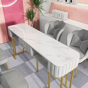 Table de manucure moderne en marbre rose et métal, mobilier de salon de beauté commercial - Product Image 2