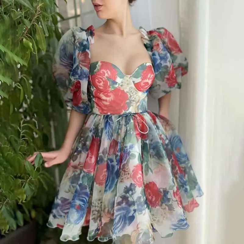 French Rose Print A-line Dress New Fashion Puff Sleeve Waist Slim Dress Support Custom Branding Summer Casual Dress