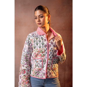 white <b>Quilted</b> Knitted Short Floral Patchwork Sleeveless Vest V-Neck <b>Single</b> Breasted Cotton Block Printed Spring Women's Jacket - Product Image 1