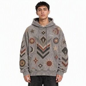 Custom Distressed Washed Full Zip Hooded Jacket Men Sun <b>Star</b> Moon Patchwork Applique Embroidery Hoodie ODM Custom Logo - Product Image 2