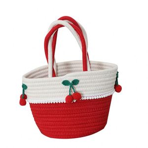 Handmade Cotton Thread Small <b>Bag</b> Cute Cherry Design Versatile <b>Straw</b> <b>Bag</b> for Women New Craft Woven <b>Bag</b> for Seaside Vacation - Product Image 5