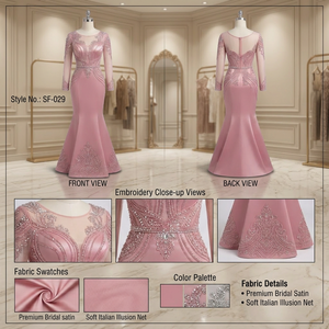 Robe de soirée longue élégante en satin rose poudré, style sirène, avec décolleté illusion et broderie de cristaux - Product Image 3