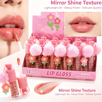 Gloss à lèvres miroir avec pendentif fleur pompon, lot de 24 pièces, kit de gloss hydratant non collant, maquillage pour les lèvres mignon pour femmes