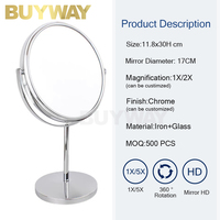 Miroir de courtoisie en métal chromé, double face 360° °   Miroir de maquillage rotatif de table avec grossissement 1X/2X et support en fer