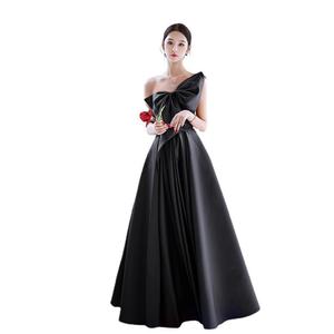 European American Style Black Evening Dress One Shoulder Long Skirt Satin Elegant Wedding Banquet Dress - Product Image 5