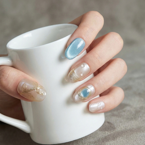 Faux Ongles Courts Elliptiques en ABS de Luxe avec Logo Personnalisé, Couverture Complète, Style Œil de Chat, 10 Pièces/Paquet, Vente en Gros - Product Image 2