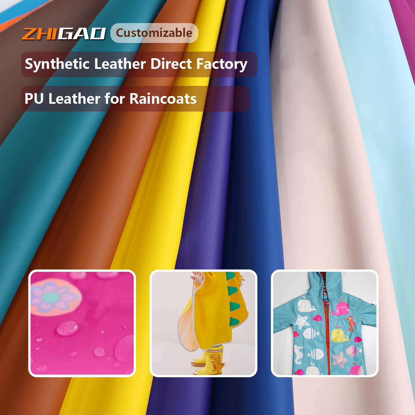 GRS Certified Recycled 20000PA Waterproof Hydrochromic Color Change PU Synthetic Leather Custom Fabric For Kid Pet Raincoats