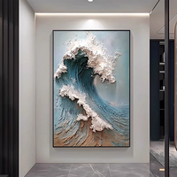 Peinture murale 100 % peinte à la main, paysage marin abstrait 3D bleu, vagues océaniques faites à la main, texture épaisse au couteau, peinture à l'huile sur toile