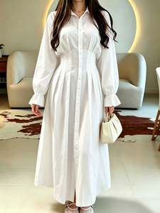 Vestido Camisero de Manga Larga con Volantes en la Solapa para Mujer, Cintura Ajustada con Pliegues, Corte Entallado, Elegante, para Uso Diario - Product Image 2