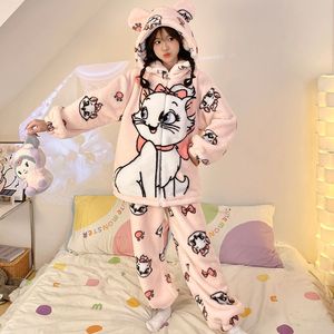 بيجامة نسائية شتوية جديدة مع بيجامات فلانيل سميكة قطيفة ولطيفة مع سحاب قطة بغطاء رأس - Product Image 4
