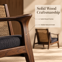 Fauteuil design moderne noir en bois massif, structure modulaire, avec coussin, pour salon et appartement