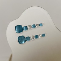 Ongles carrés à presser en acrylique faits main haut de gamme, pré-dessinés, prêts à poser, motif ciel étoilé bleu œil-de-chat, artificiels, pour l'été