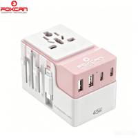 Adaptateur de voyage Foxcan 45W GaN PD QC3.0 3 USB-C + 2 USB-A avec câble pour ordinateur portable, appareil photo et écouteurs - Prise universelle
