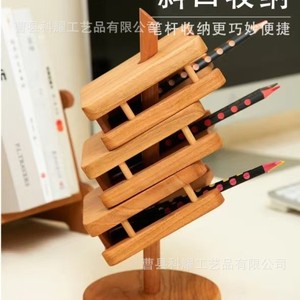 <b>Solid</b> <b>Wood</b> Multi Layer Storage Rack Pen Holder For Office <b>Desk</b> Student Stationery Round Shelf - Product Image 3